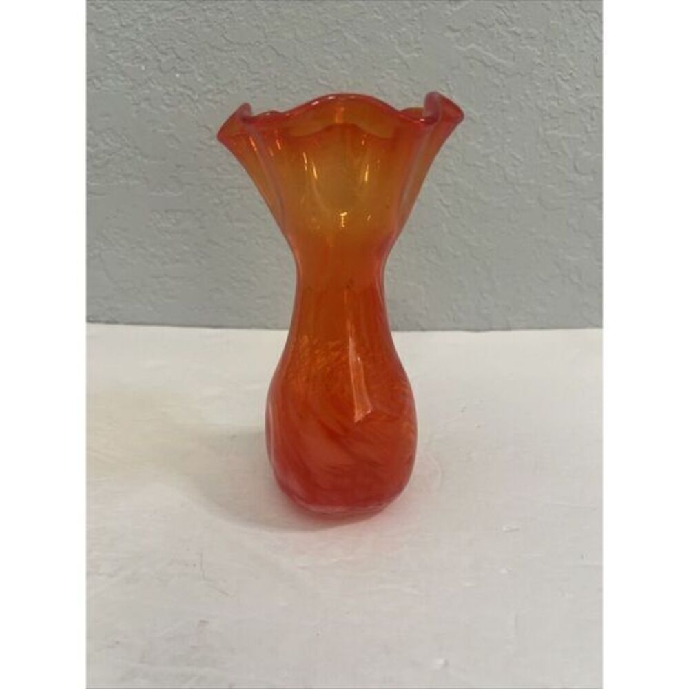 Vintage Red, Orange& White Swirl Glass Bud Vase With Ruffle Top
